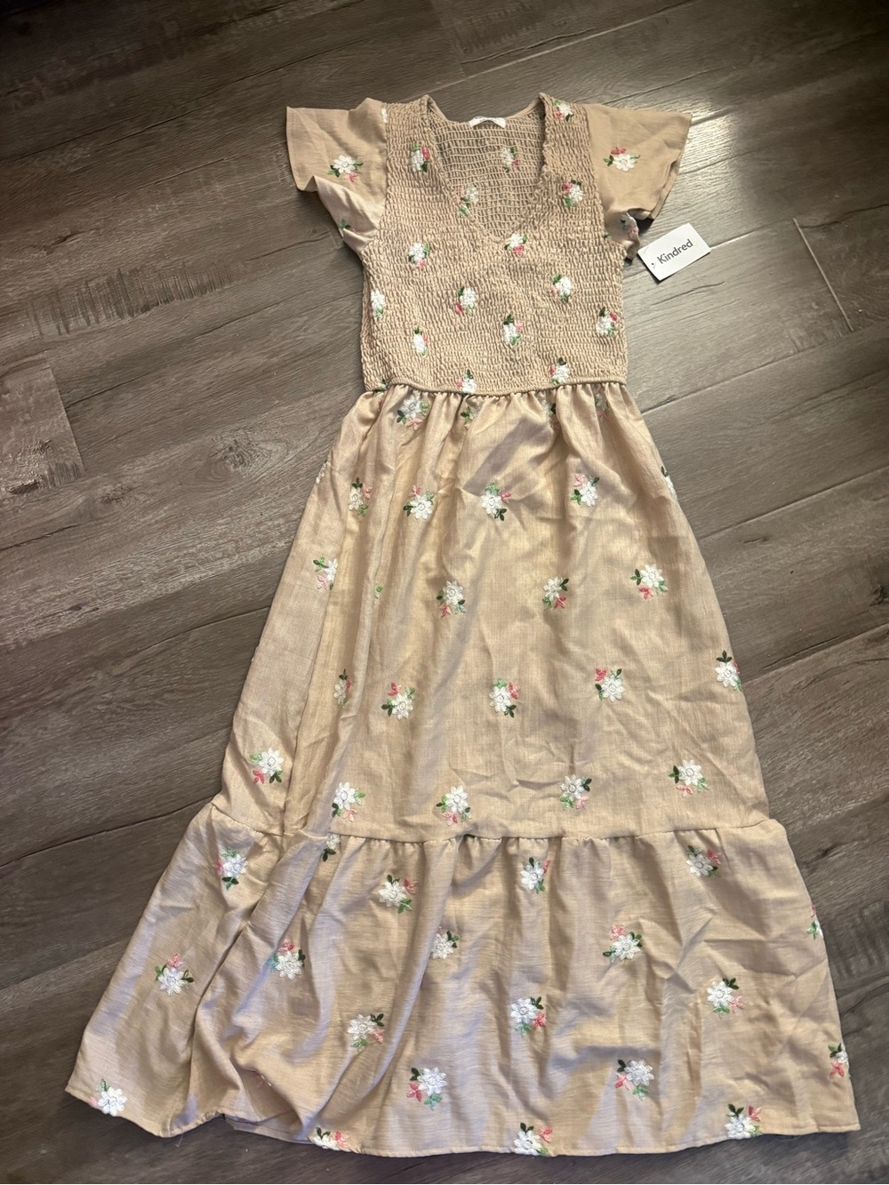 Women's Tan Floral Smocked Maxi Dress
